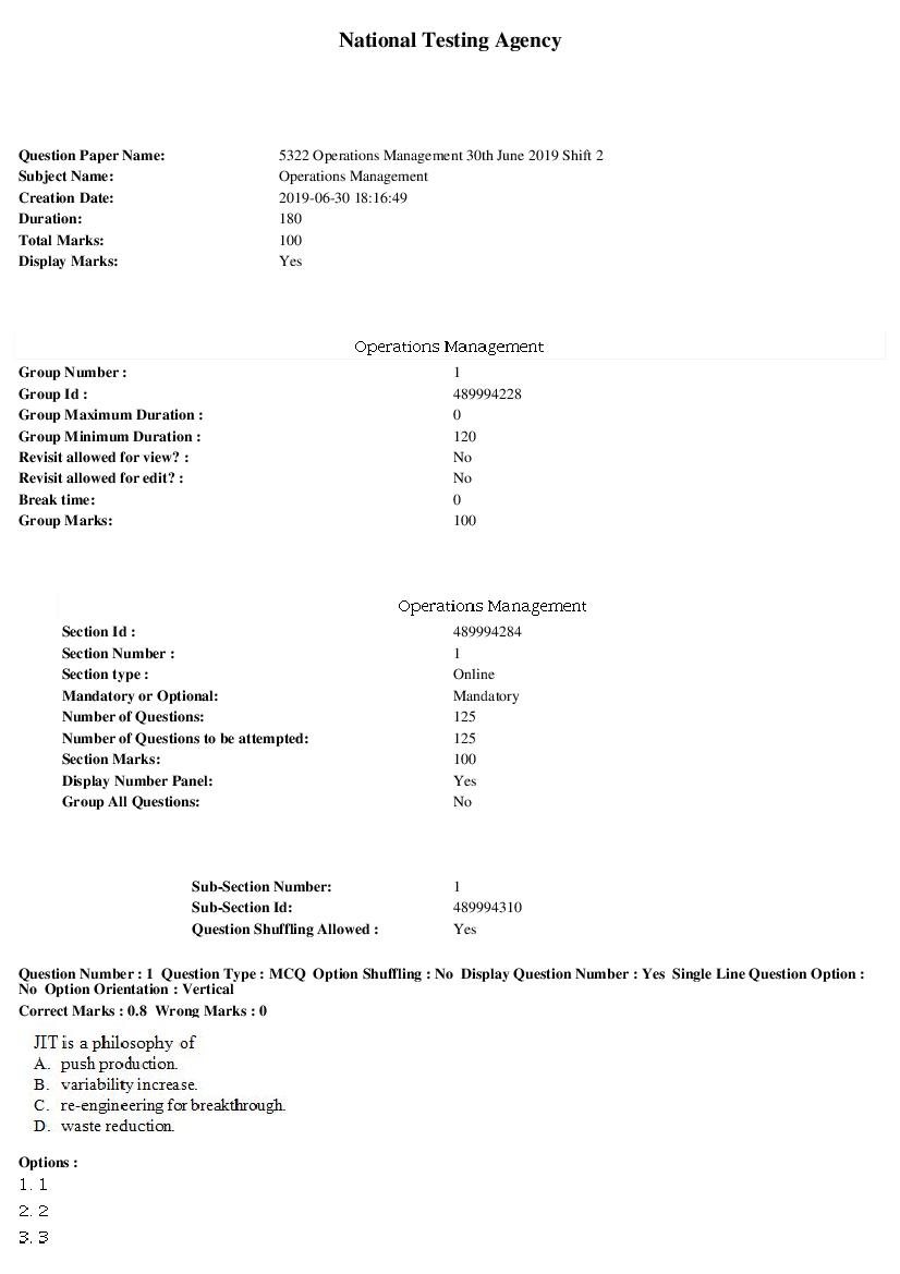 ARPIT 2019 Question Paper for Operations Management Shift 2 - Page 1 of 41
