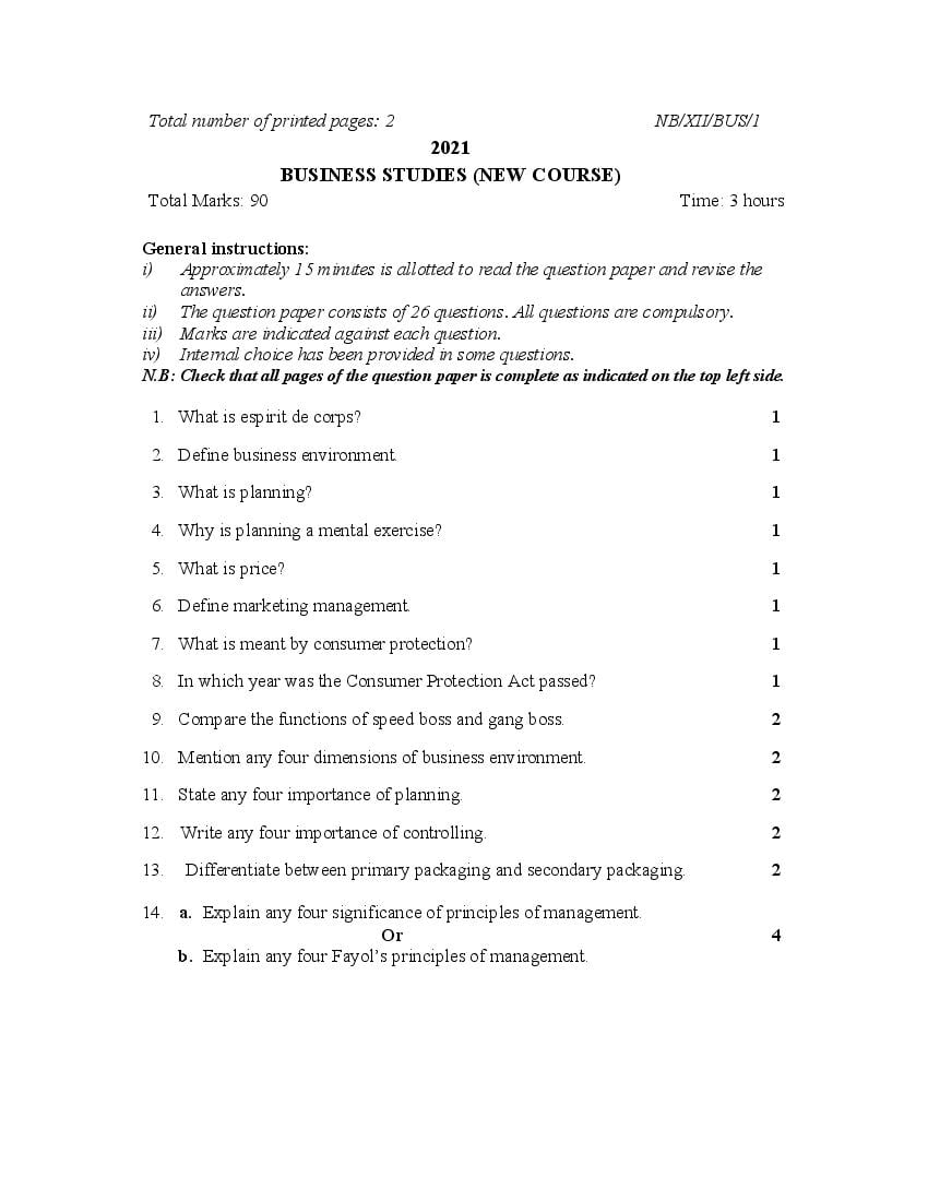 NBSE Class 12 Question Paper 2021 for Business Studies - Page 1
