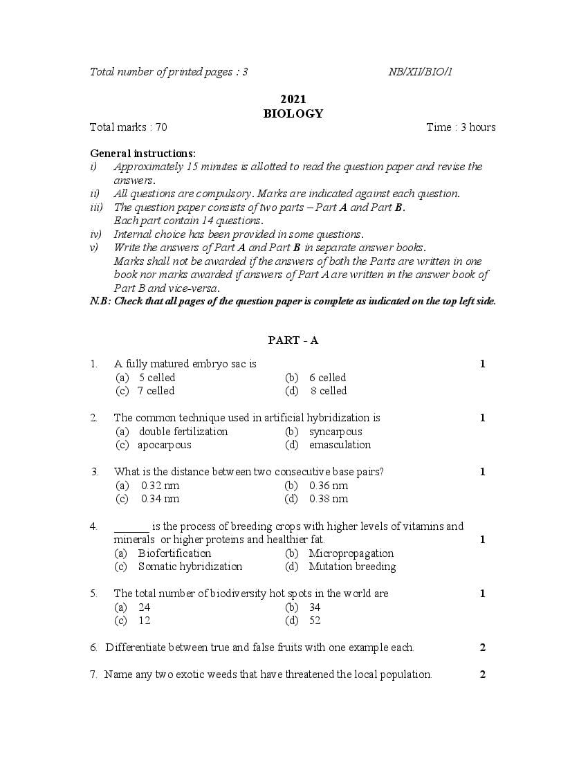 NBSE Class 12 Question Paper 2021 for Biology - Page 1