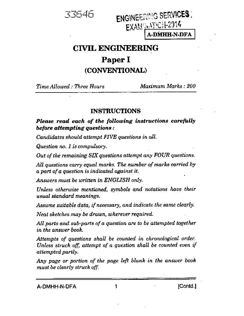 UPSC IES 2014 (Mains) Question Paper for Civil Engineering Paper - I - Page 1