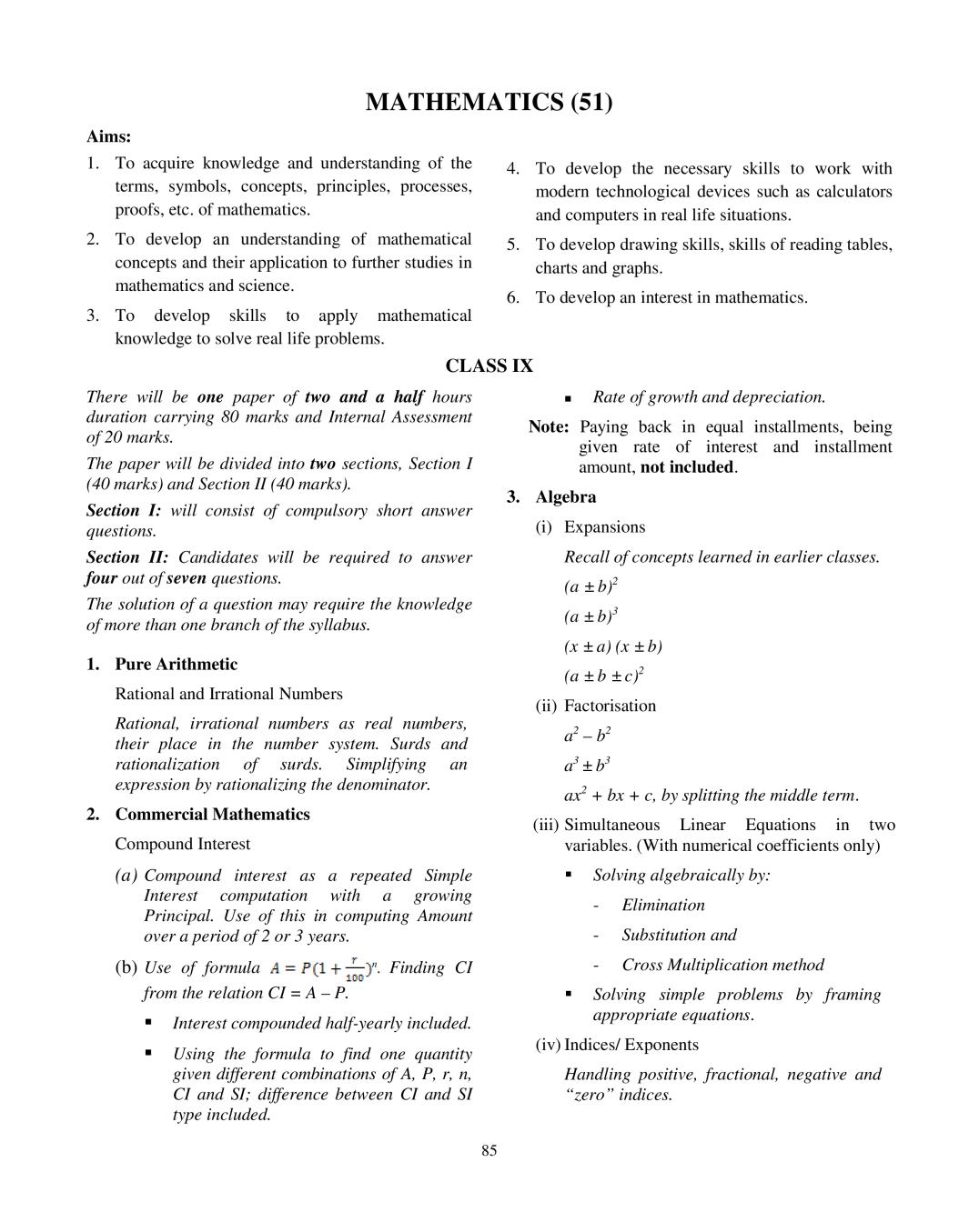 ICSE Class 10 Mathematics Syllabus 2021 - Page 1