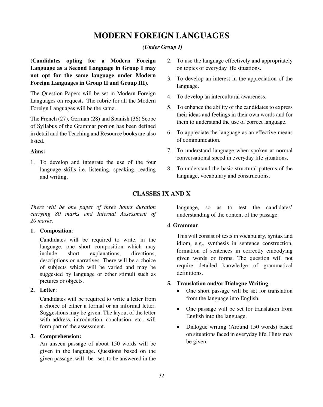 ICSE Class 10 Modern Foreign Languages Group I Syllabus 2021 - Page 1