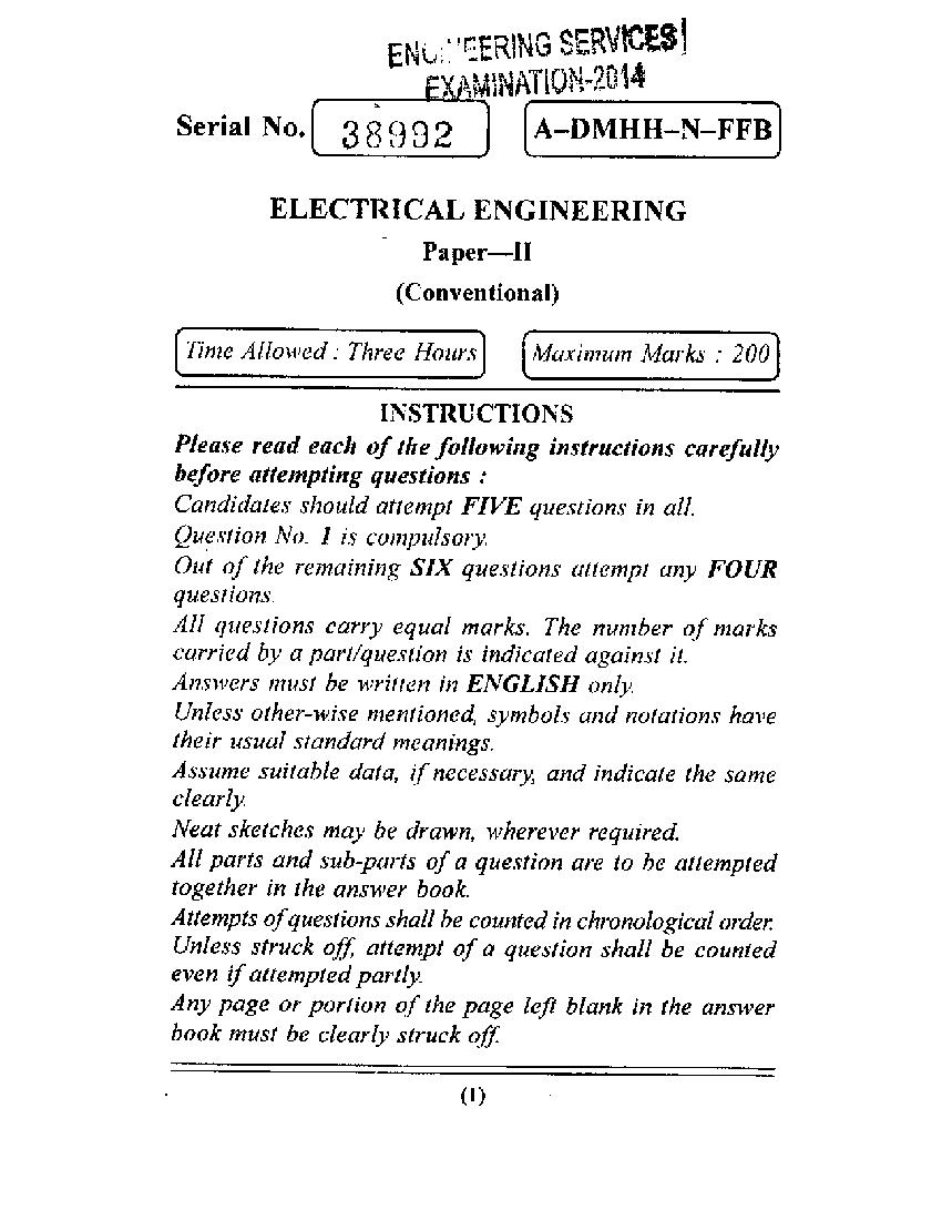 UPSC IES 2014 (Mains) Question Paper for Electrical Engineering Paper - II - Page 1