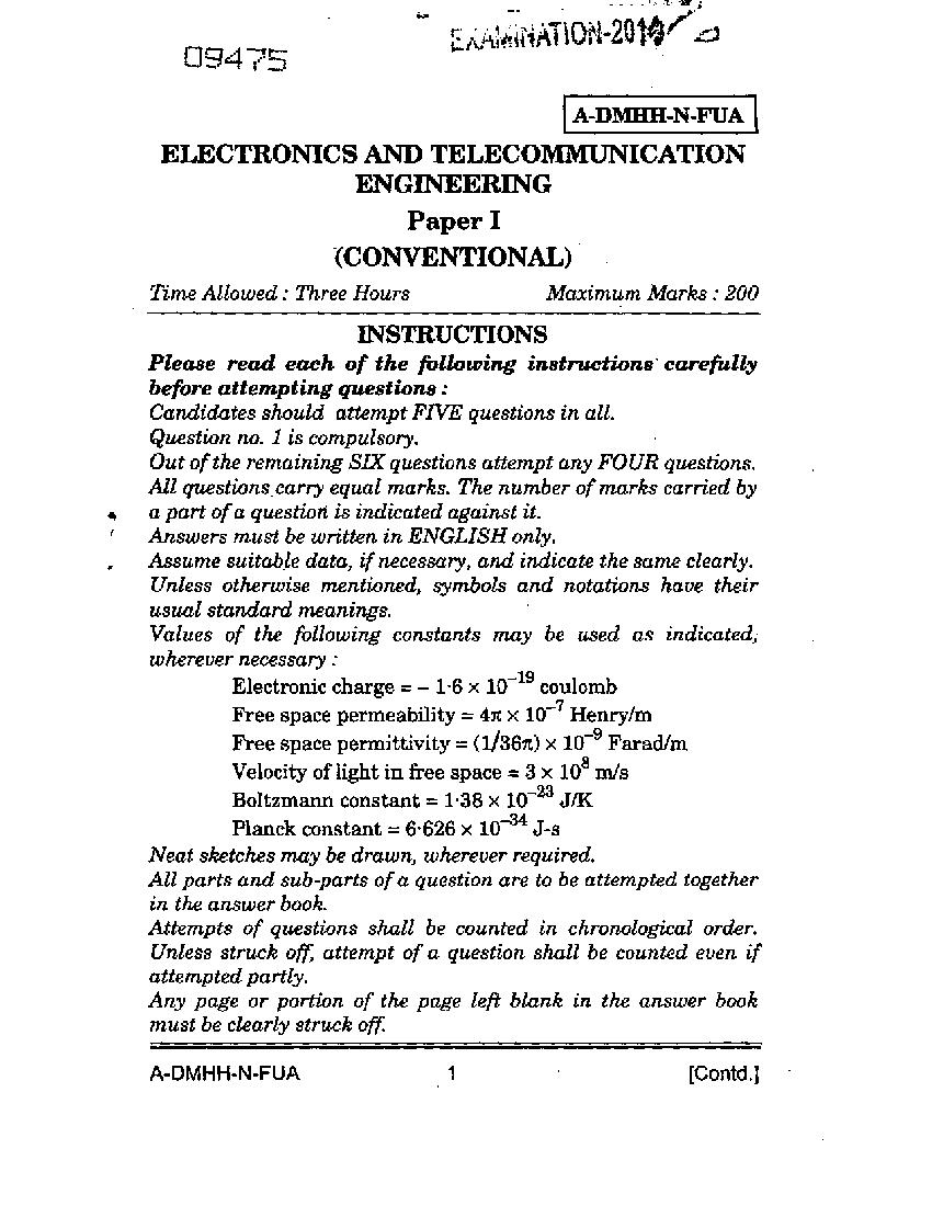 UPSC IES 2014 (Mains) Question Paper for Electronics & Telecommunication Engineering Paper - I - Page 1