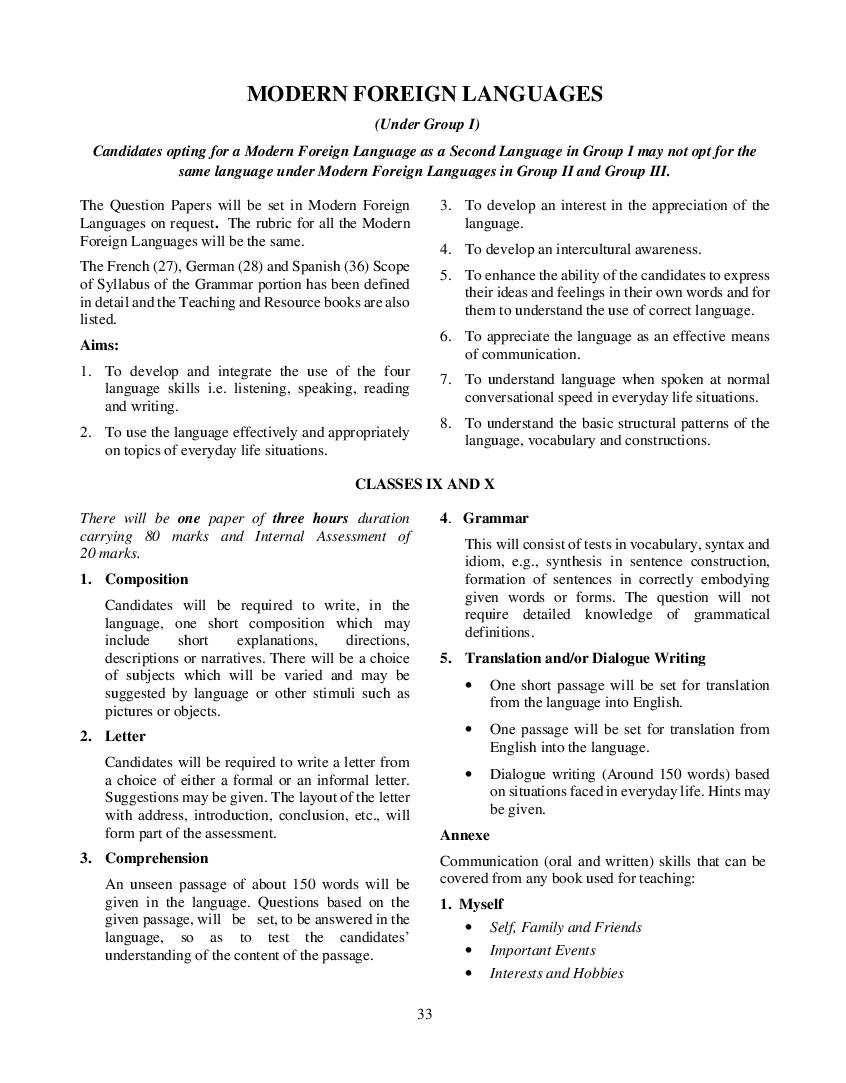 ICSE Class 10 Syllabus 2023 Modern Foreign Languages Group 2 - Page 1