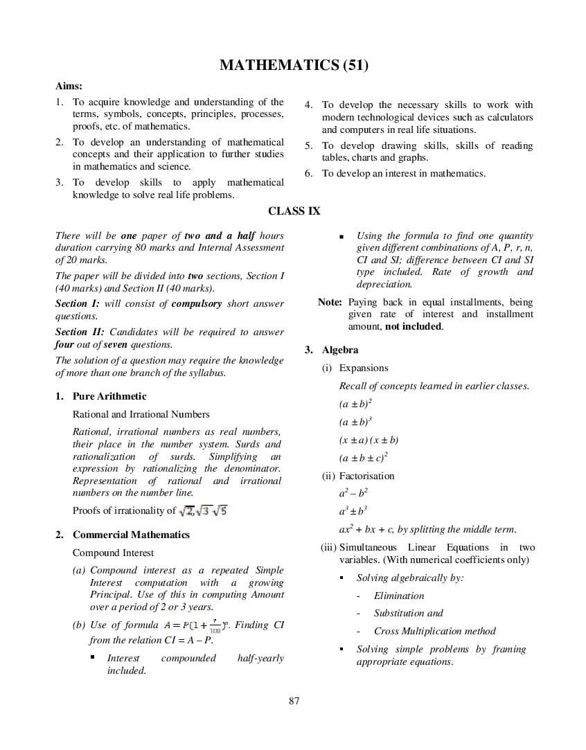ICSE Class 10 Syllabus 2023 Mathematics - Page 1