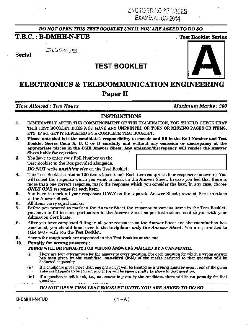 UPSC IES 2014 (Prelims) Question Paper for Electronics & Telecommunication Engineering Paper - II - Page 1