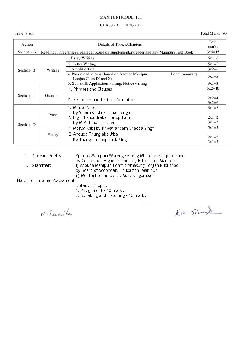 CBSE Class 12 Manipuri Syllabus 2020-21 - Page 1