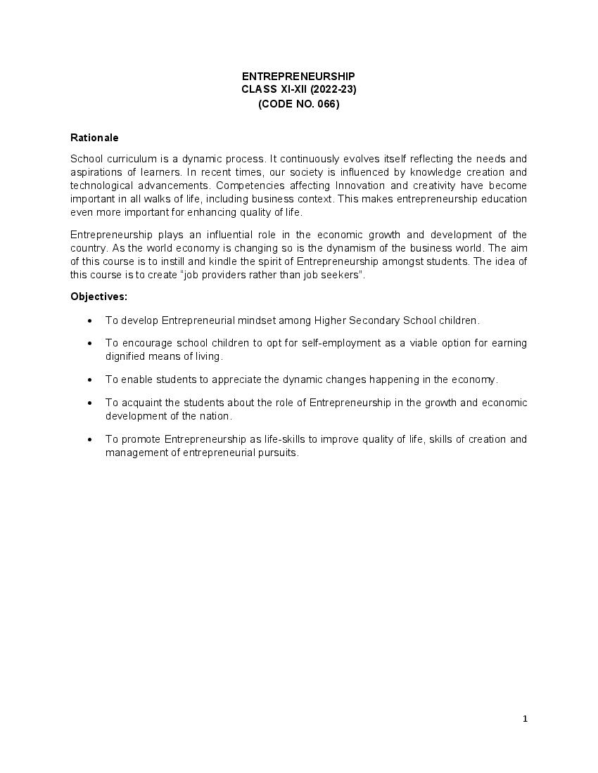 CBSE Class 12 Syllabus 2022-23 Entrepreneurship - Page 1