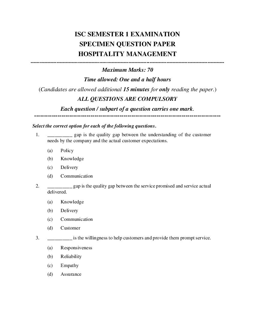 ISC Class 12 Specimen Paper 2022  Hospitality Management Semester 1 - Page 1