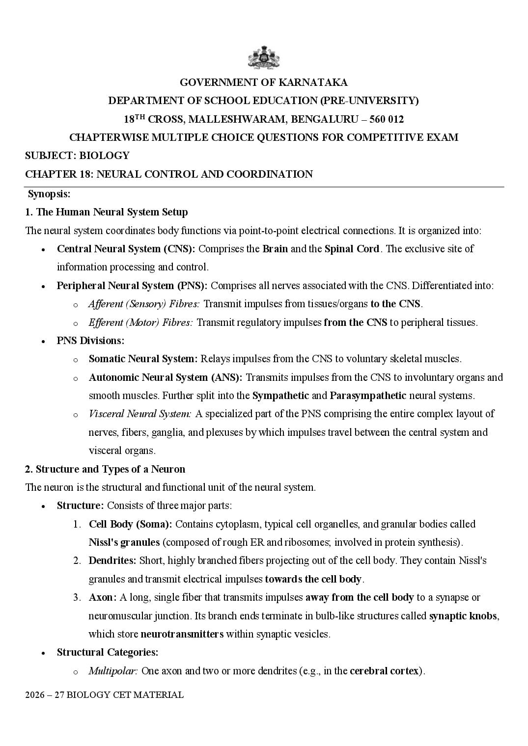 Karnataka 1st PUC Biology Neural Control and Coordination MCQ with Answers - Page 1 of 17