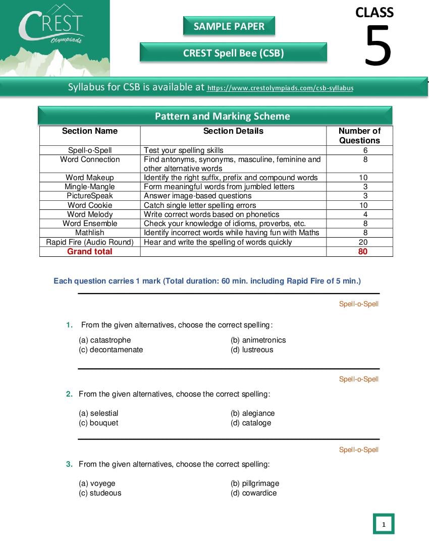 CREST International Spell Bee (CSB) Class 5 Sample Paper - Page 1