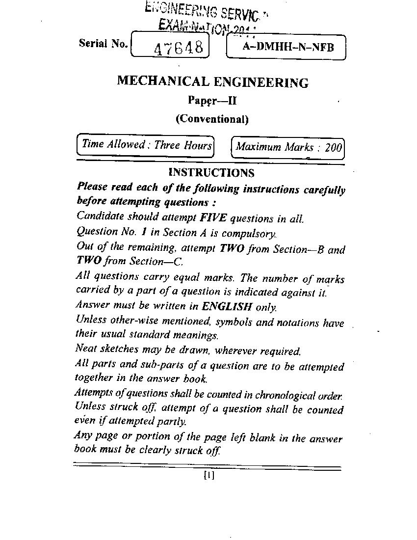 UPSC IES 2014 (Mains) Question Paper for Mechanical Engineering Paper - II - Page 1