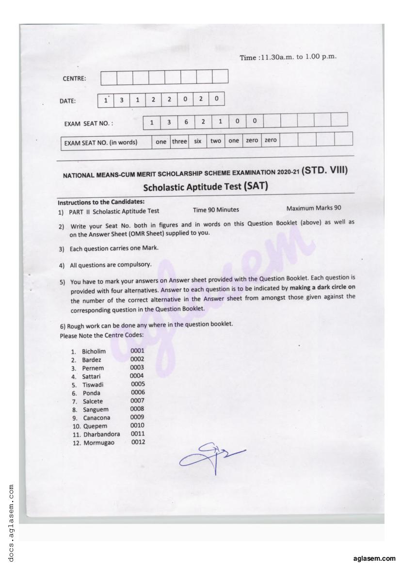 Goa NMMS 2022 Question Paper with Answer Key SAT - Page 1