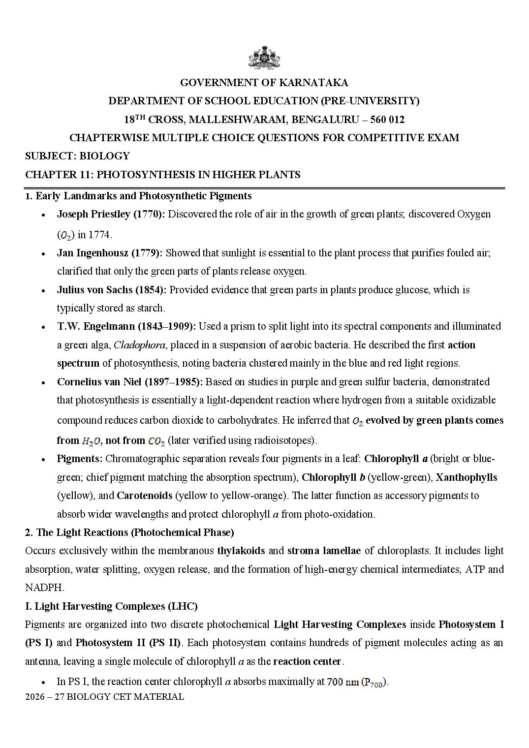 Karnataka 1st PUC Biology Photosynthesis in Higher Plants MCQ with Answers - Page 1 of 22