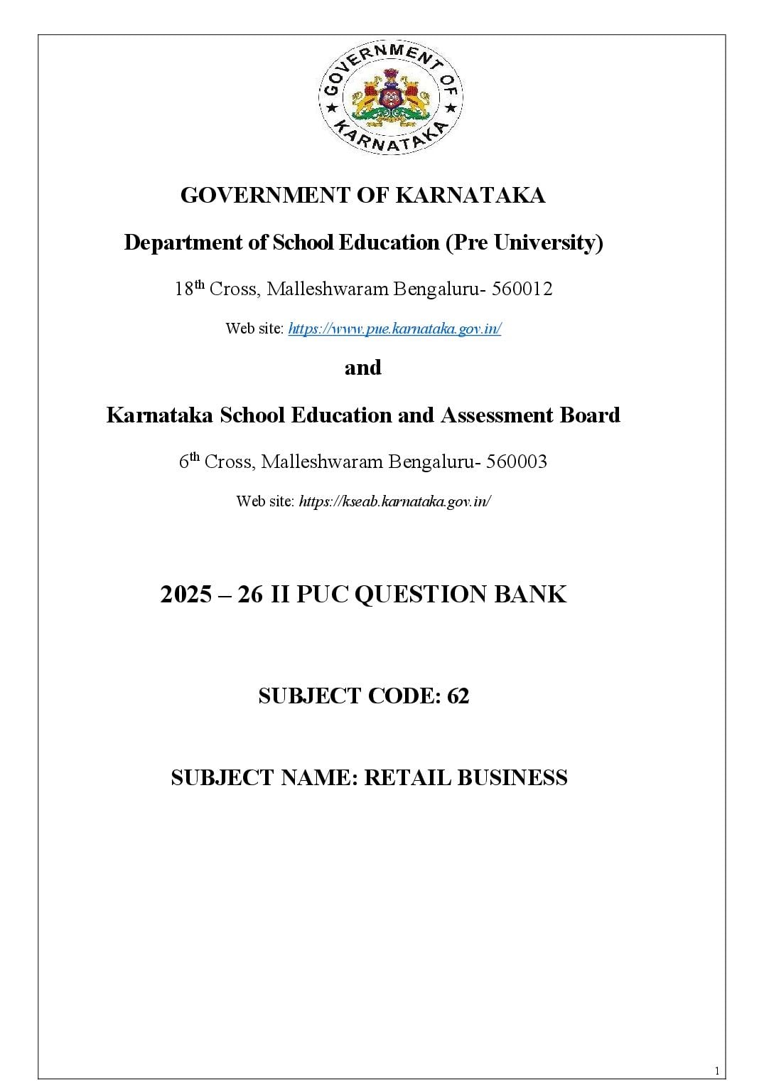 Karnataka 2nd PUC Question Bank 2026 Retail - Page 1 of 55