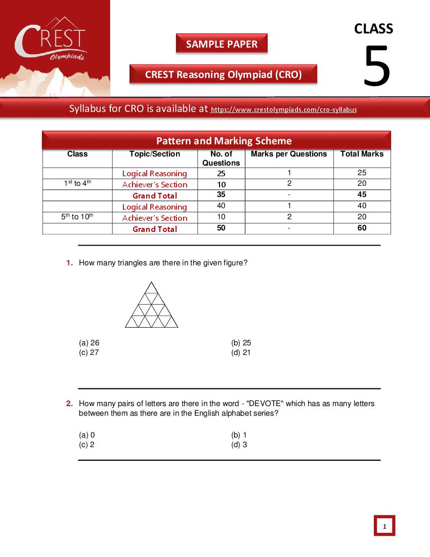 CREST Reasoning Olympiad (CRO) Class 5 Sample Paper - Page 1