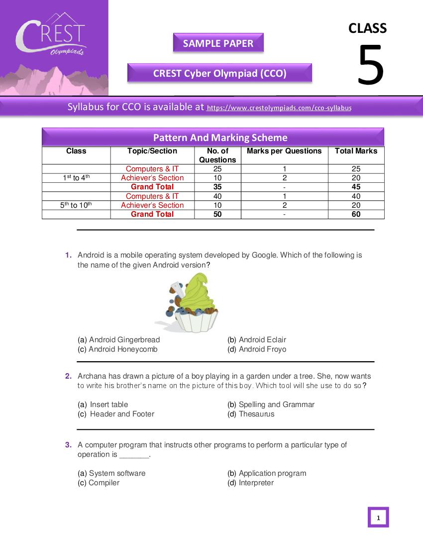 CREST Cyber Olympiad (CCO) Class 5 Sample Paper - Page 1