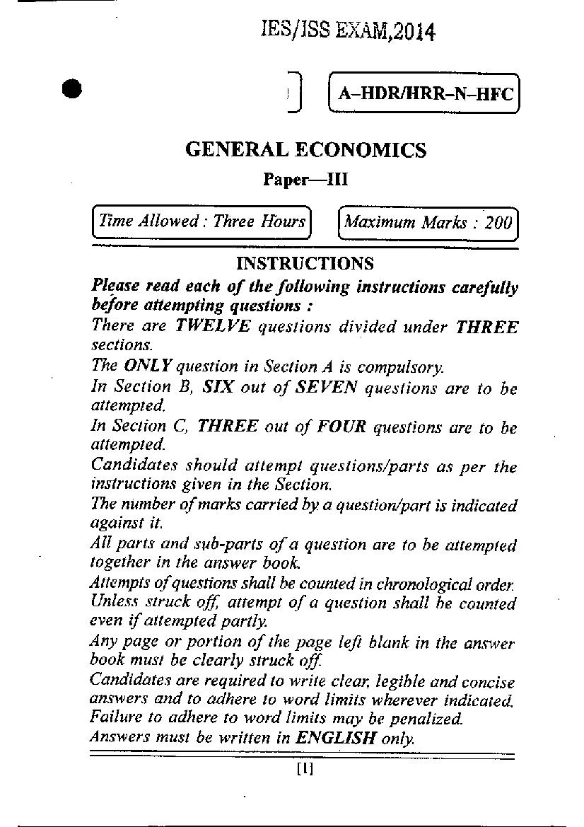 UPSC IES ISS 2014 Question Paper for General Economics-III - Page 1