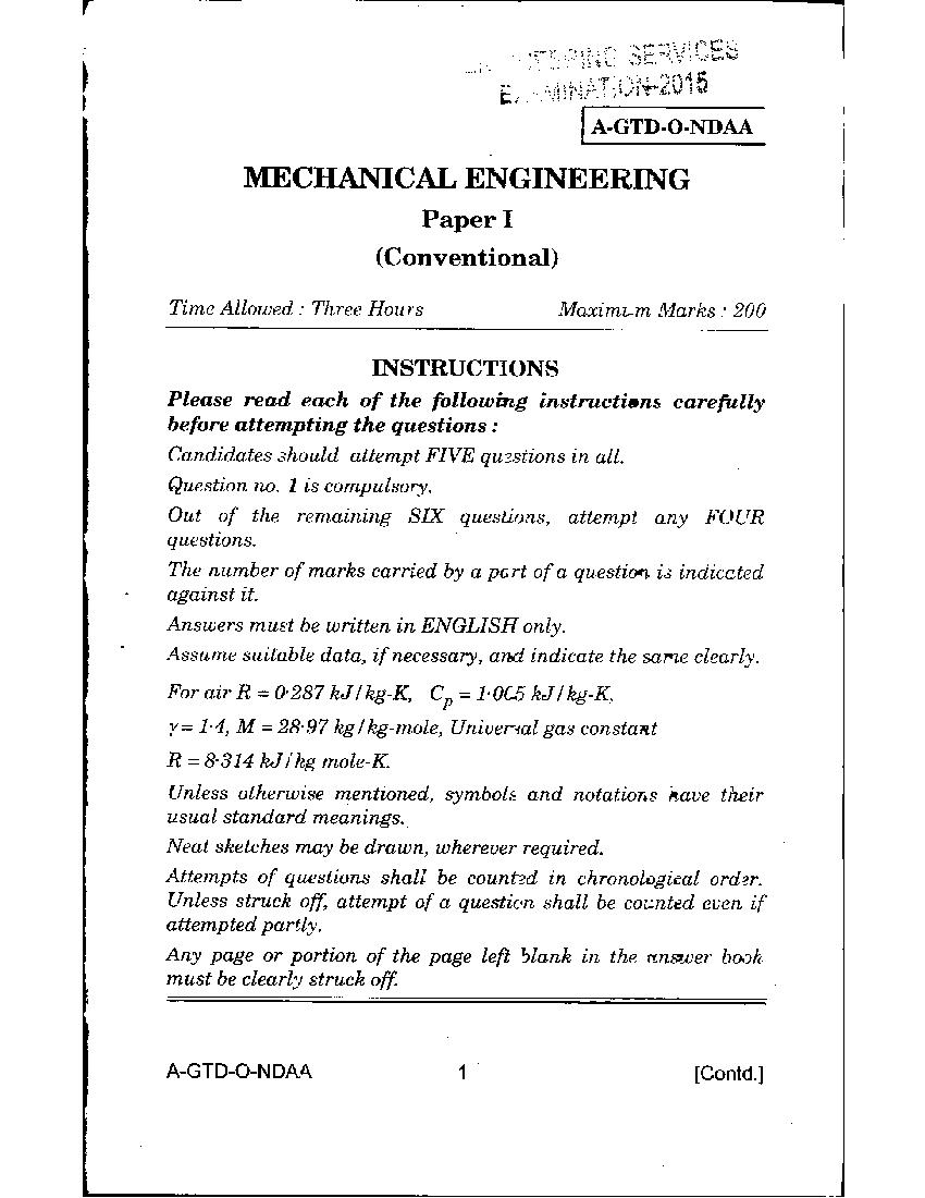 UPSC IES 2015 (Mains) Question Paper Mechanical Engineering Paper I - Page 1