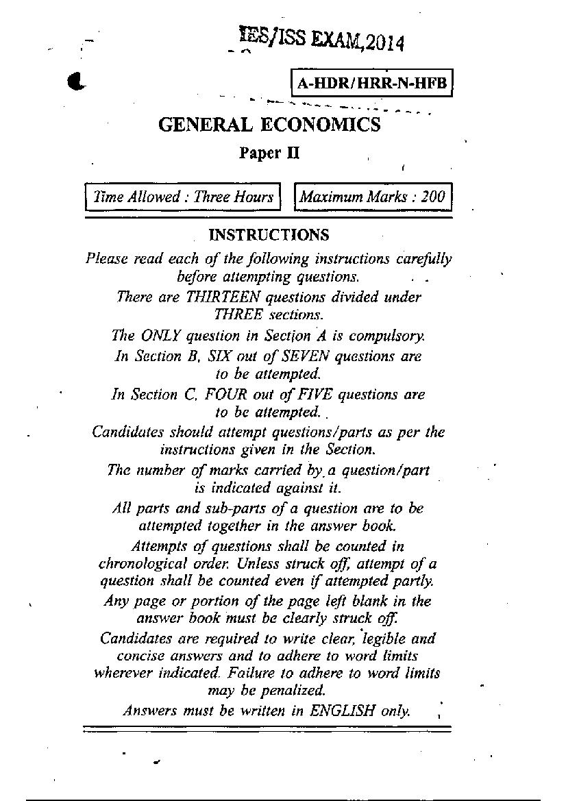 UPSC IES ISS 2014 Question Paper for General Economics-II - Page 1