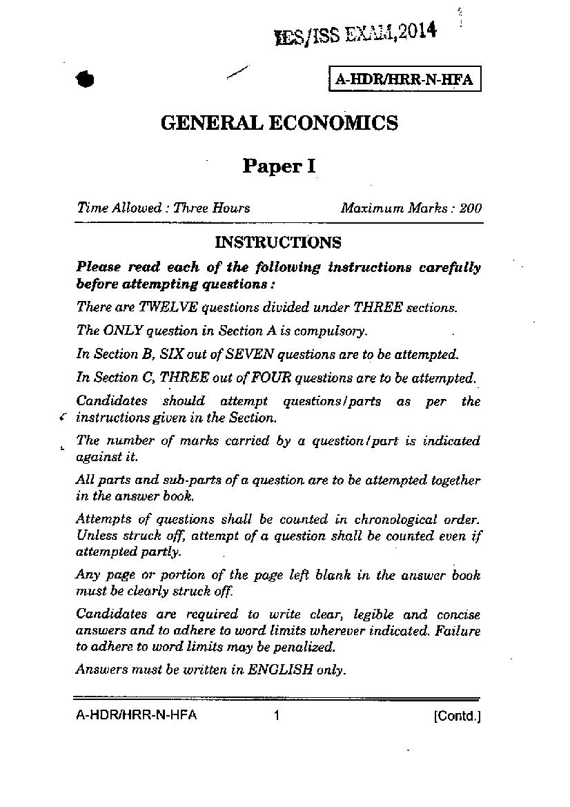 UPSC IES ISS 2014 Question Paper for General Economics-I - Page 1