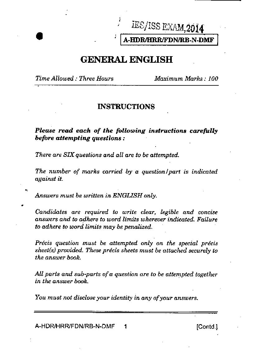 UPSC IES ISS 2014 Question Paper for General English - Page 1