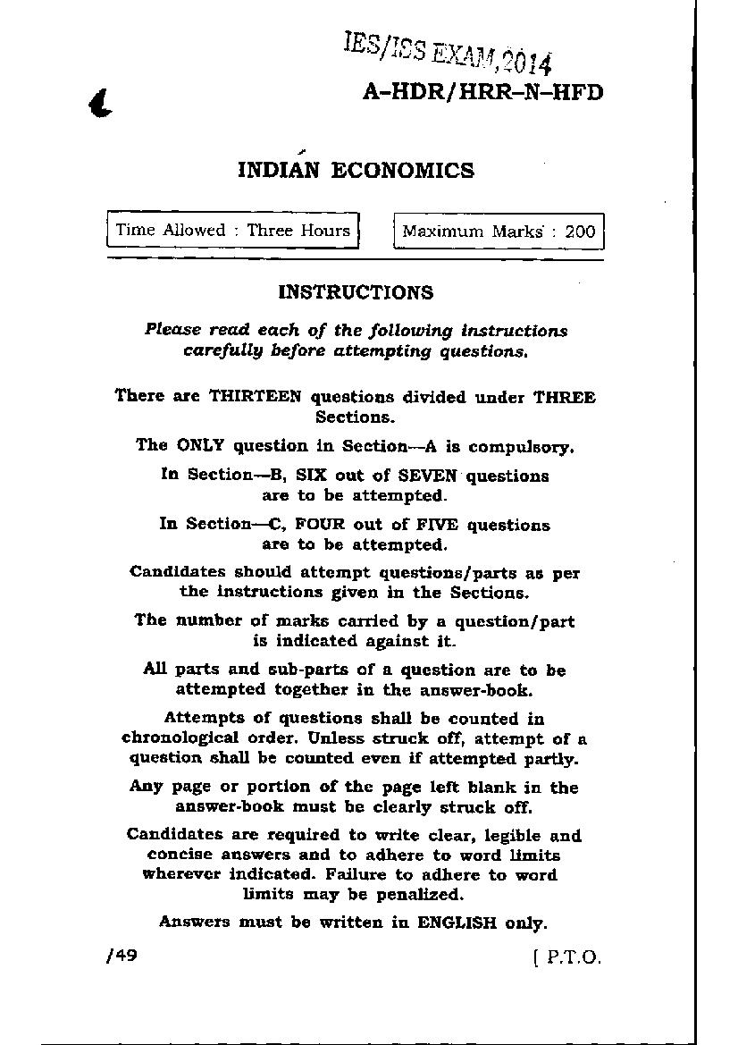 UPSC IES ISS 2014 Question Paper for Indian Economics - Page 1