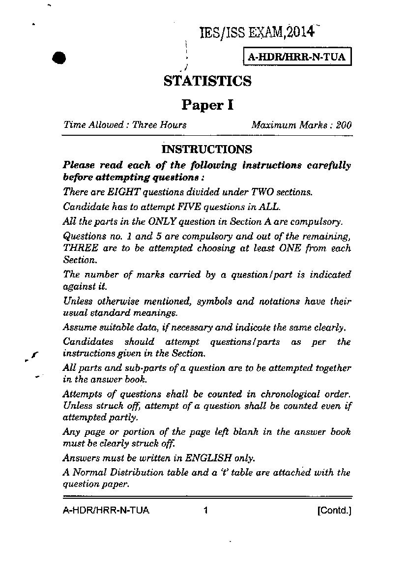 UPSC IES ISS 2014 Question Paper for Statistics-I - Page 1