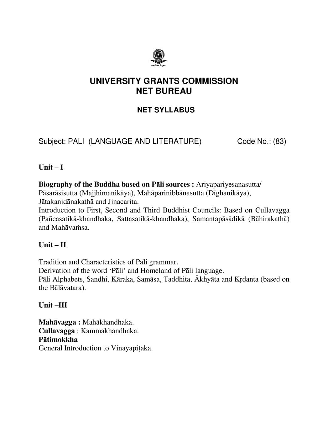 UGC NET Syllabus for Pali 2020 - Page 1