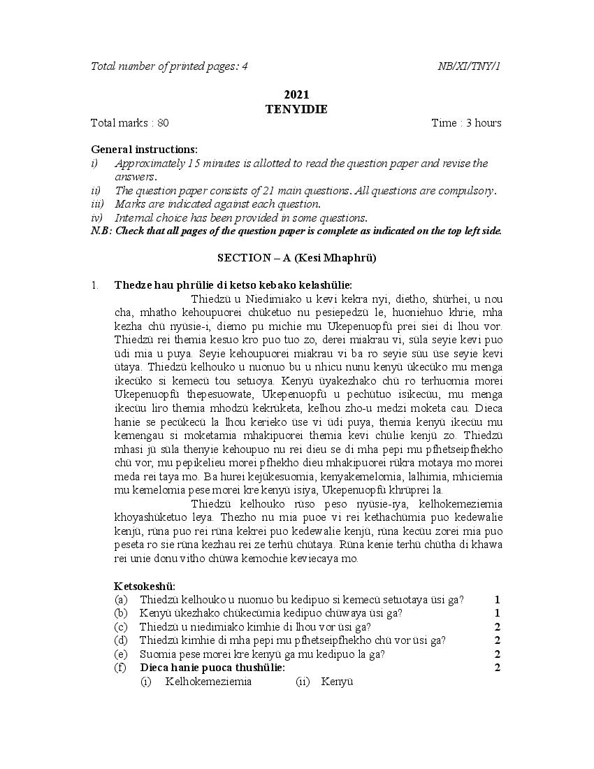 NBSE Class 11 Question Paper 2021 for Tenyidie - Page 1