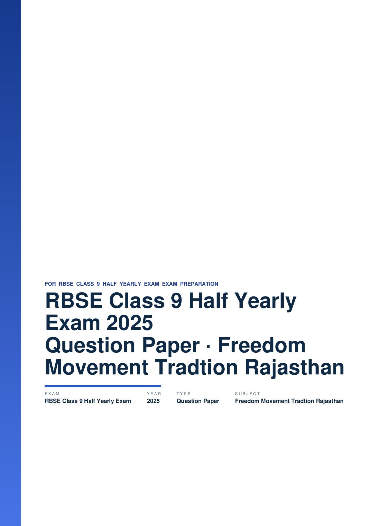 RBSE Class 9 Half Yearly Exam Question Paper 2025 Freedom Movement and Tradtion Rajasthan - Page 1 of 5