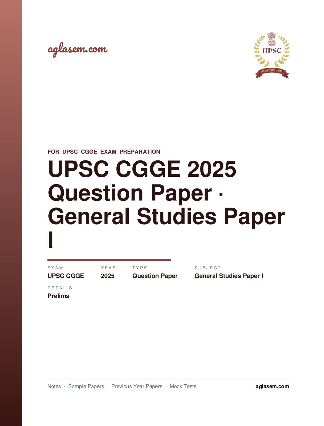 UPSC CGGE 2025 (Prelims) Question Paper General Studies Paper I - Page 1 of 25