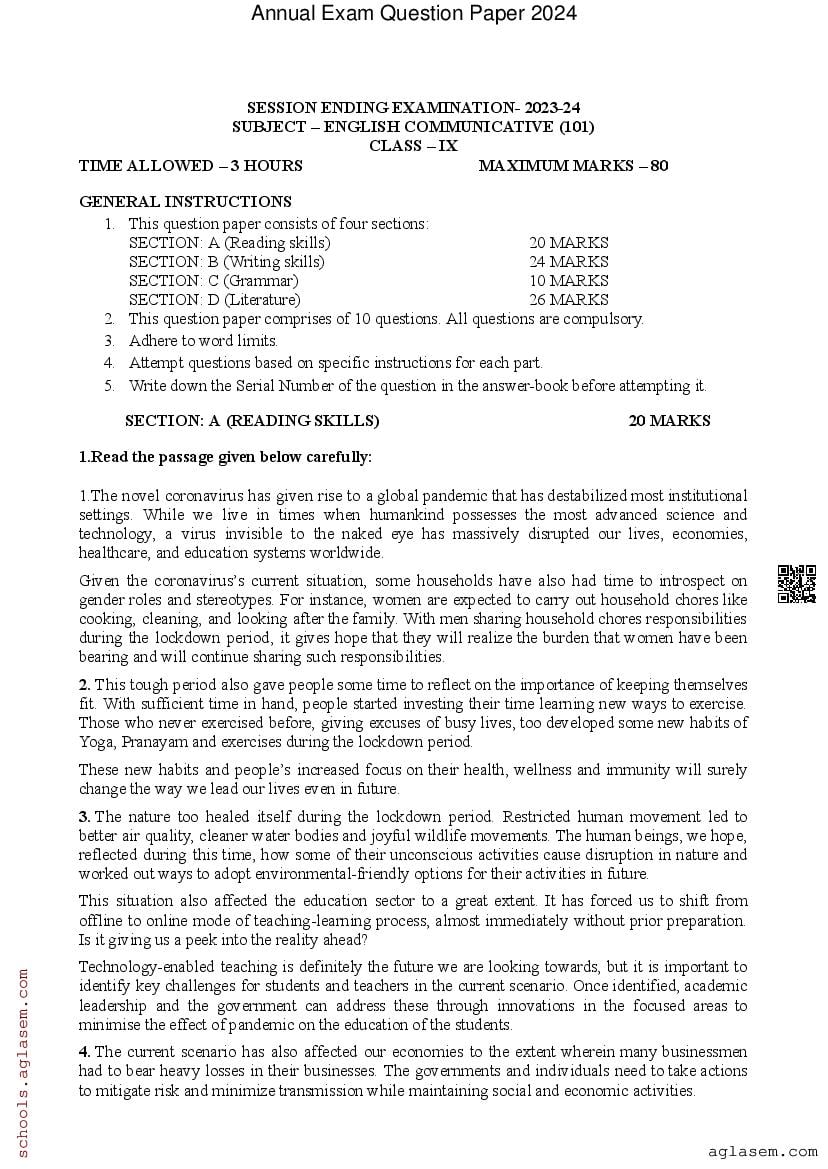 class 9 question paper 2020 english