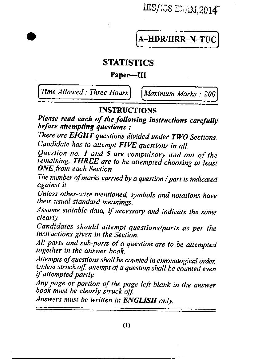 UPSC IES ISS 2014 Question Paper for Statistics-III - Page 1