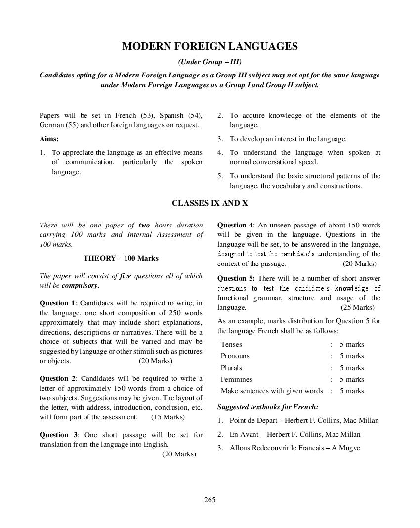 ICSE Class 10 Syllabus 2023 Modern Foreign Languages Group 3 - Page 1