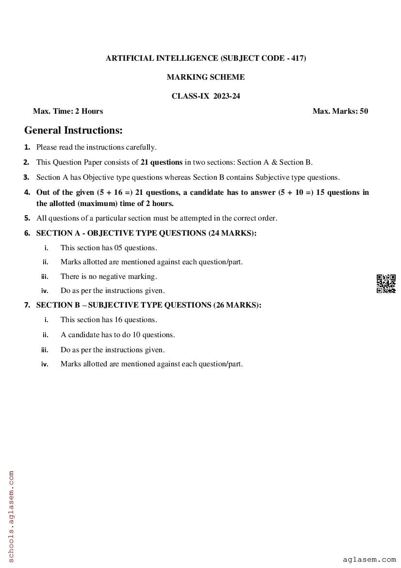 Class 9 Artificial Intelligence Question Paper 2024 (PDF) - Download ...