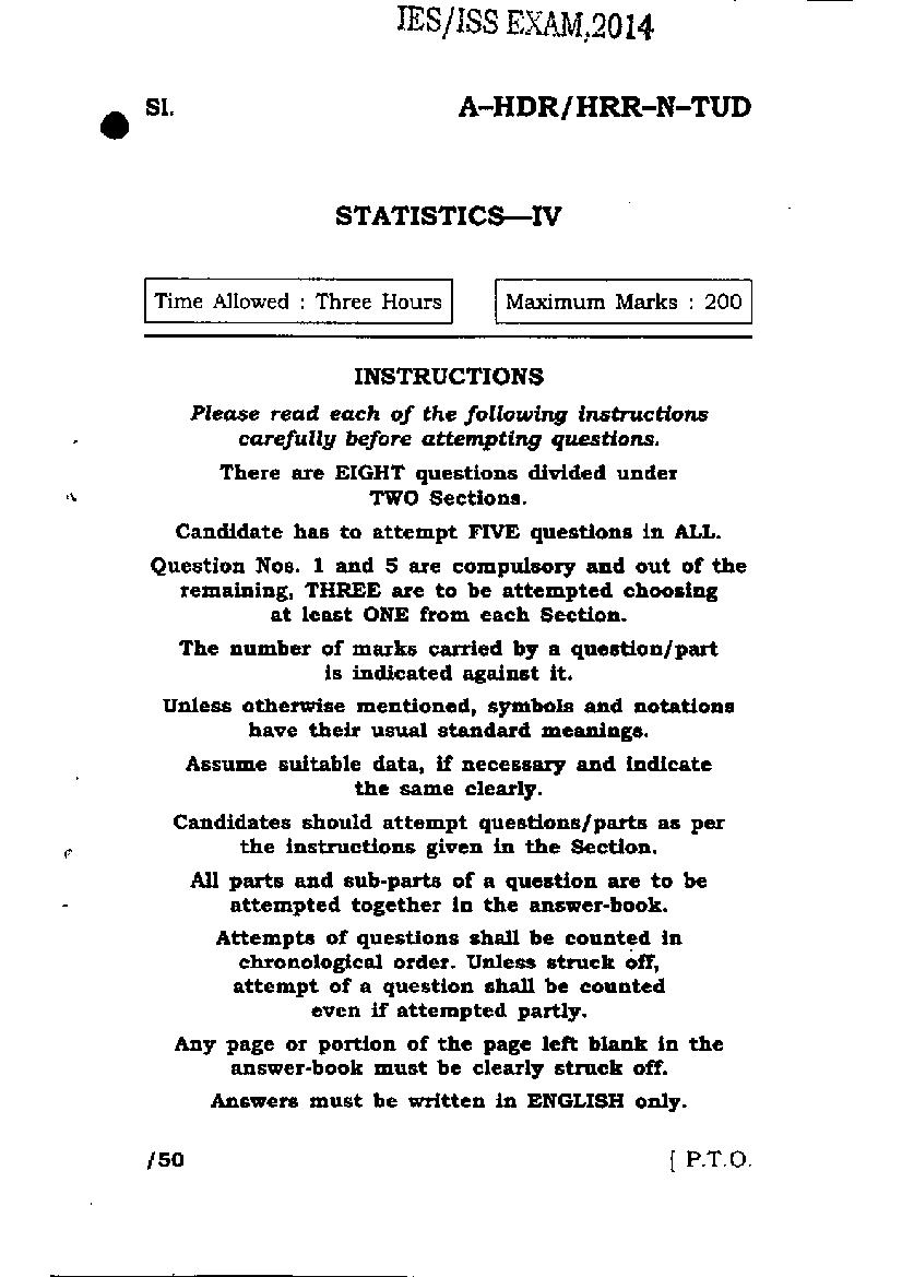 UPSC IES ISS 2014 Question Paper for Statistics-IV - Page 1