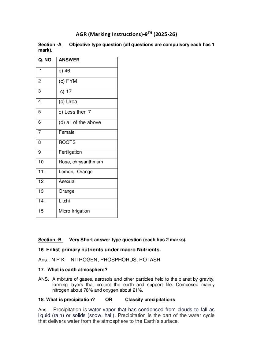 HBSE Class 9 Sample Paper 2026 Answers Agriculture - Page 1
