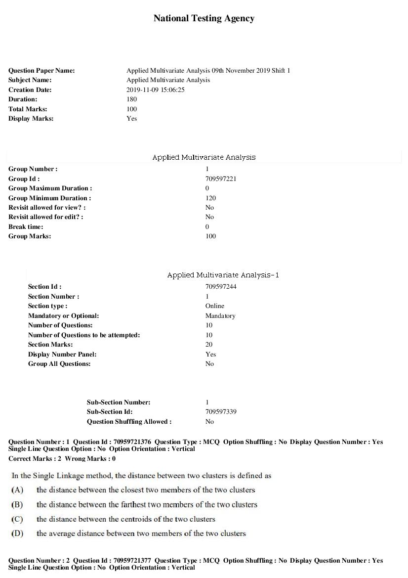 SWAYAM 2019 Question Paper Applied Multivariate Analysis - Page 1
