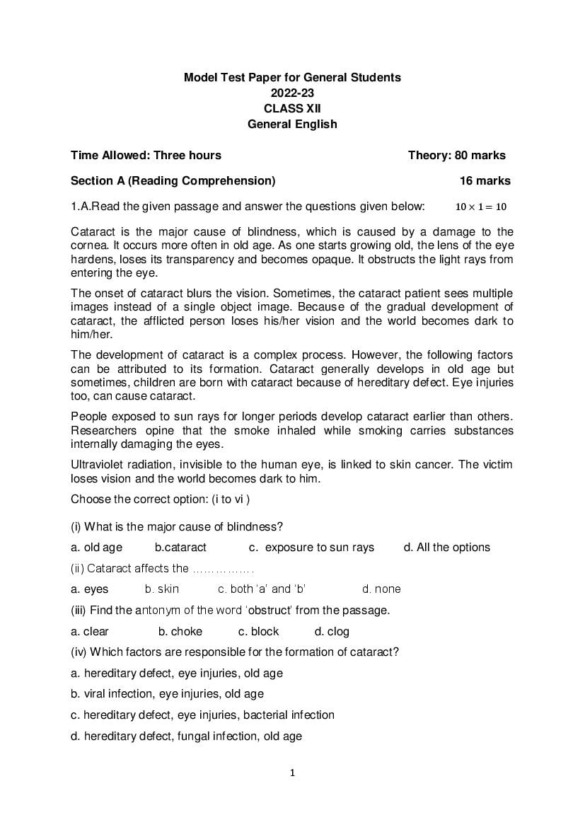 PSEB 12th Model Test Paper 2023 English - Page 1