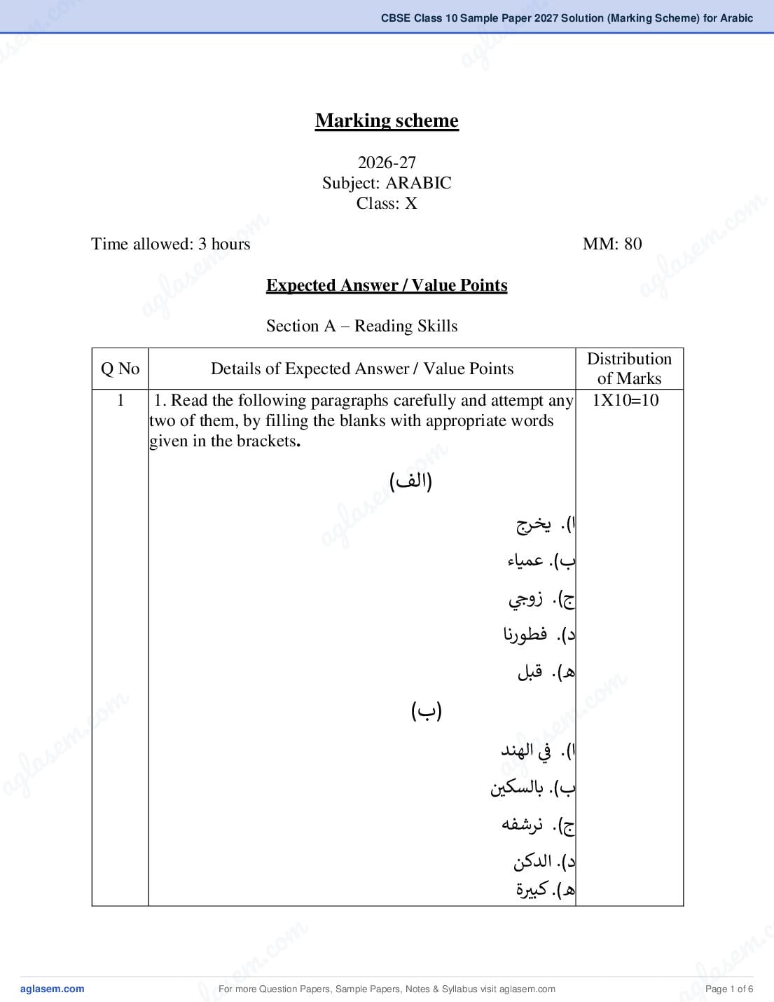 CBSE Class 10 Sample Paper 2027 Solution (Marking Scheme) for Arabic - Page 1 of 6