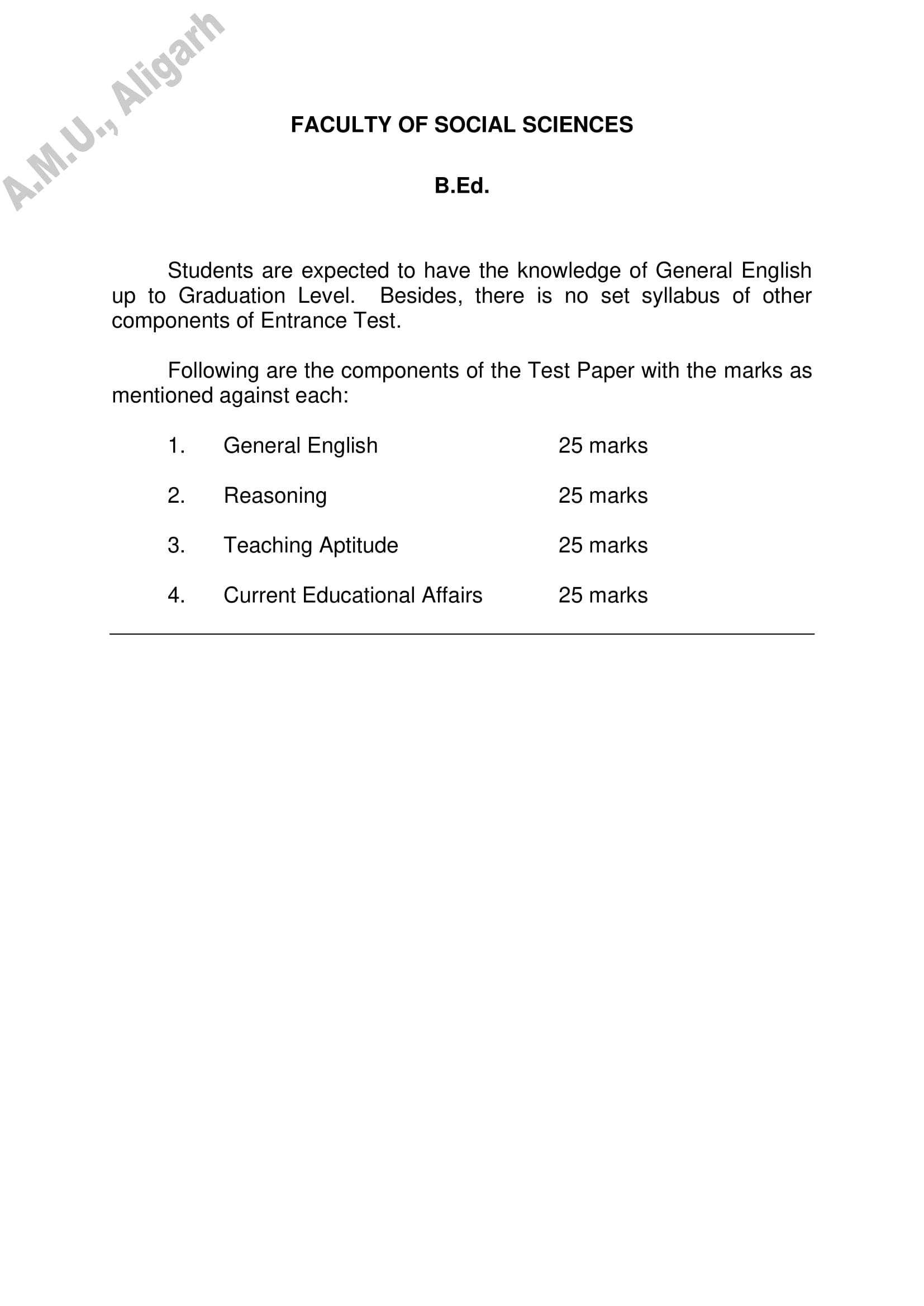 AMU Entrance Exam Syllabus for B.Ed in Social Sciences - Page 1