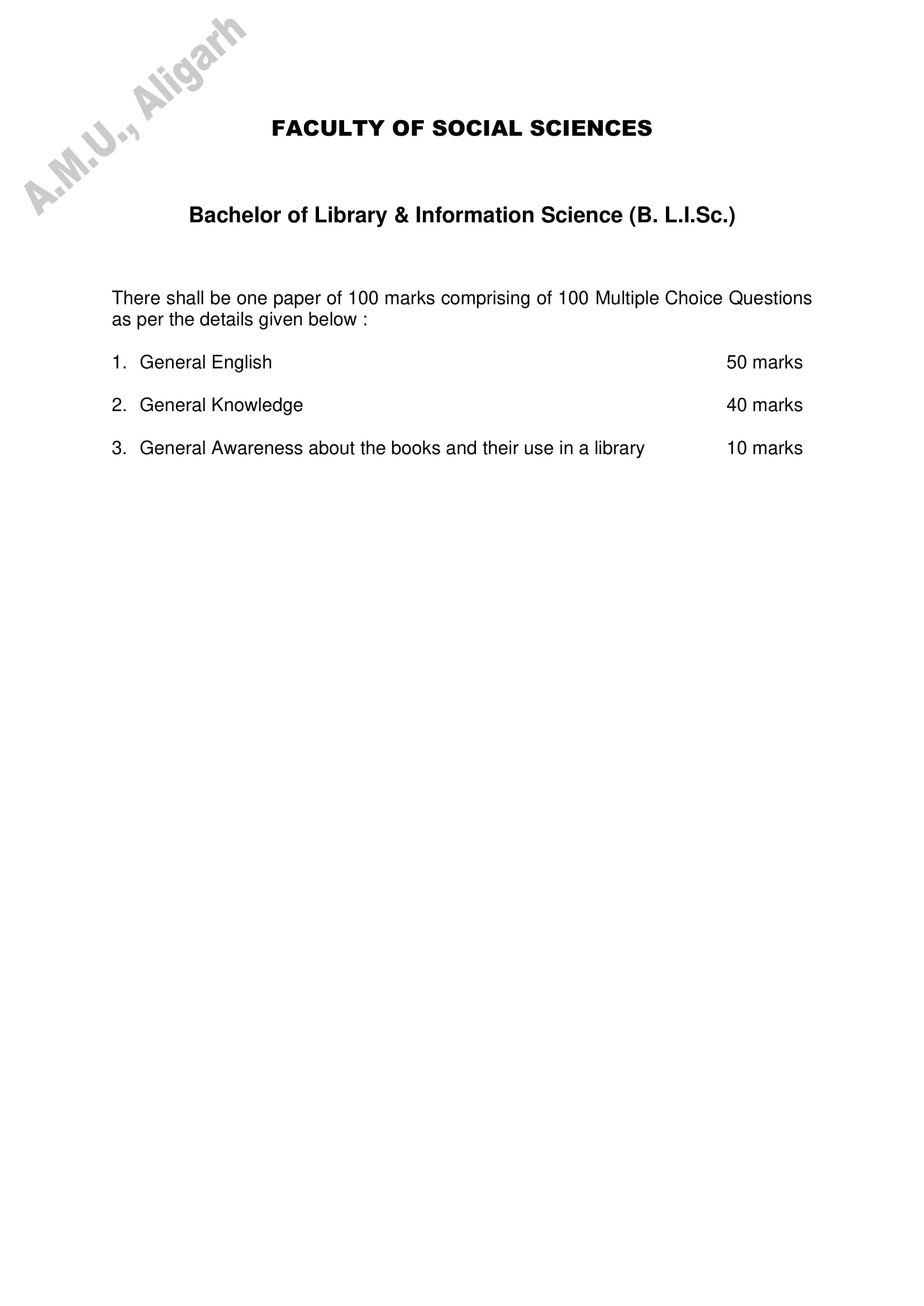 AMU Entrance Exam Syllabus for B.L.I.SC. in Library & Information Science - Page 1