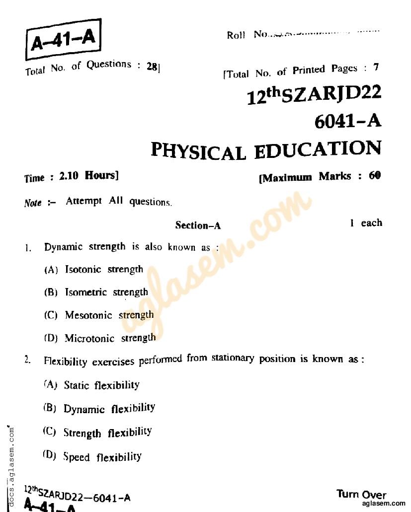 physical education class 12 sample paper in hindi medium 2022