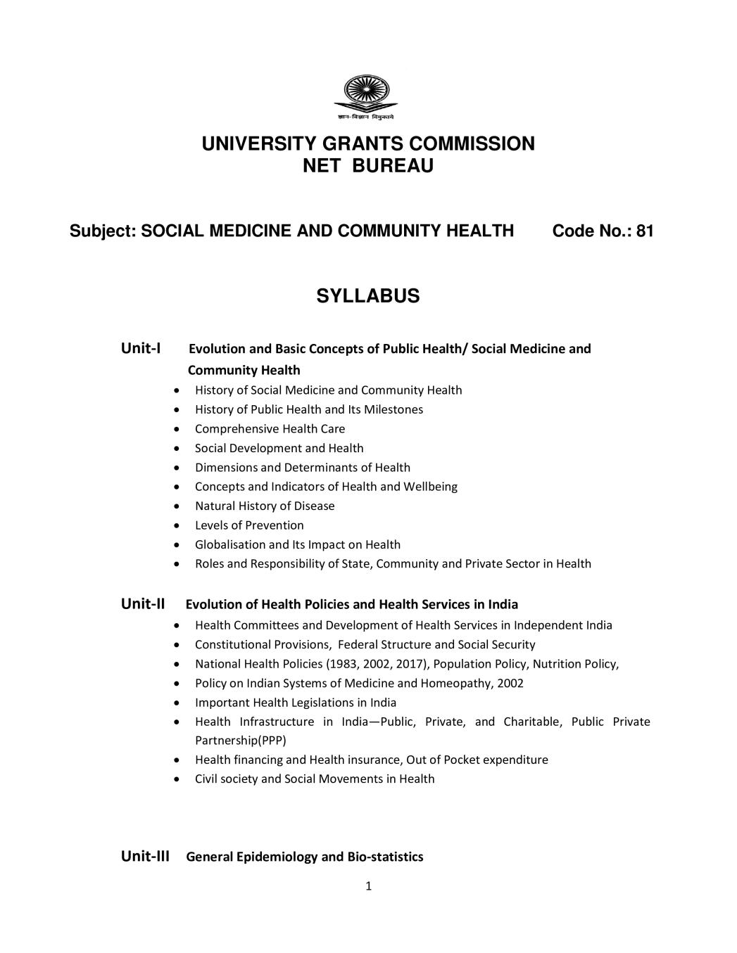 UGC NET Syllabus for Social Medicine  and Community Health 2020 - Page 1