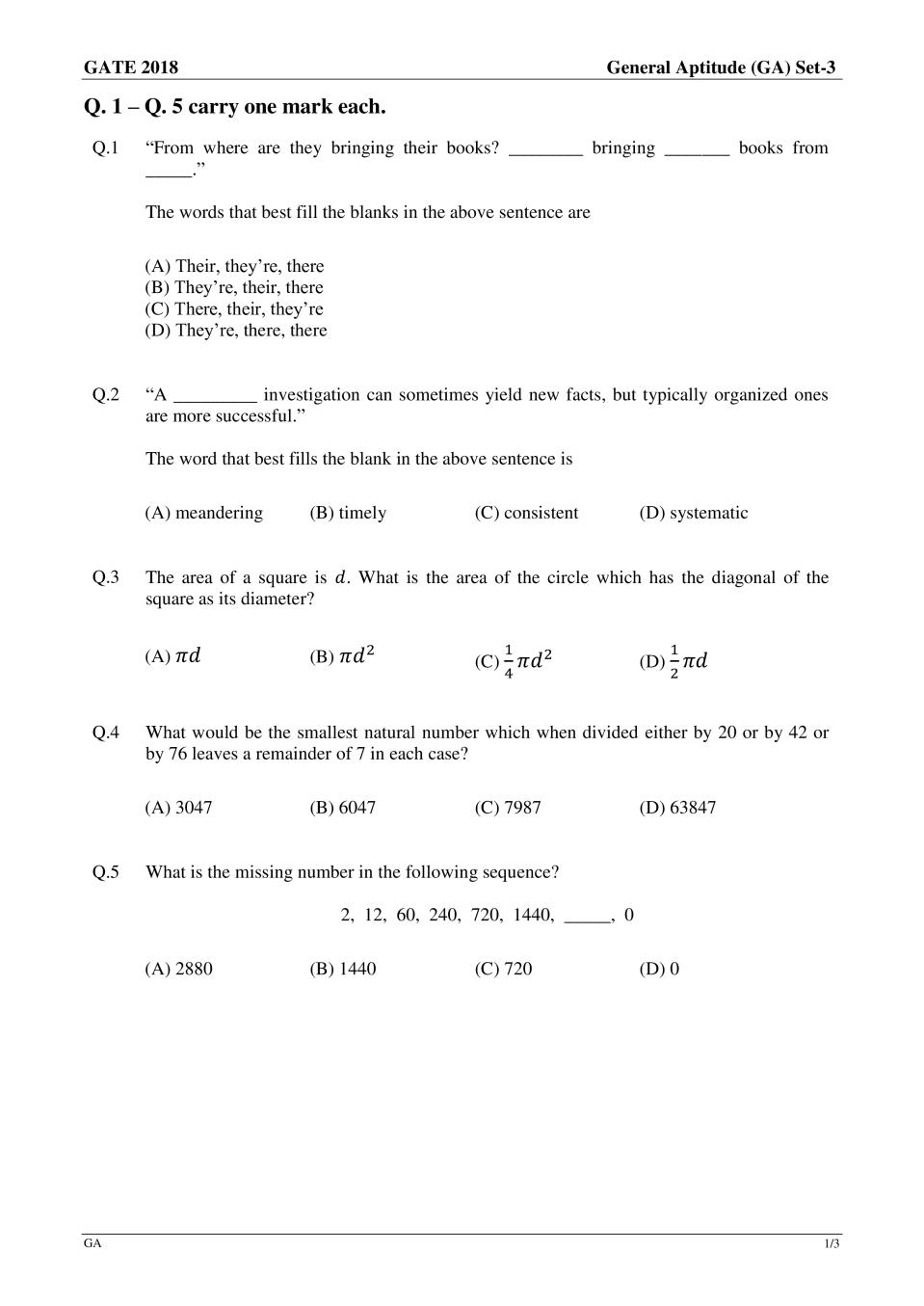 GATE 2018 Computer Science and Information Technology (CS) Question Paper with Answer - Page 1