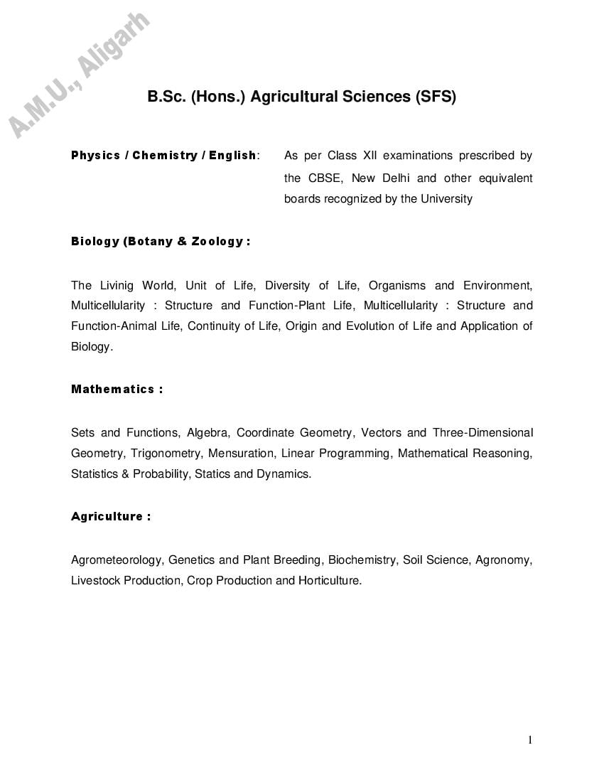 AMU Entrance Exam Syllabus for B.Sc (Hons.) in Agricultural Sciences (SFS) - Page 1