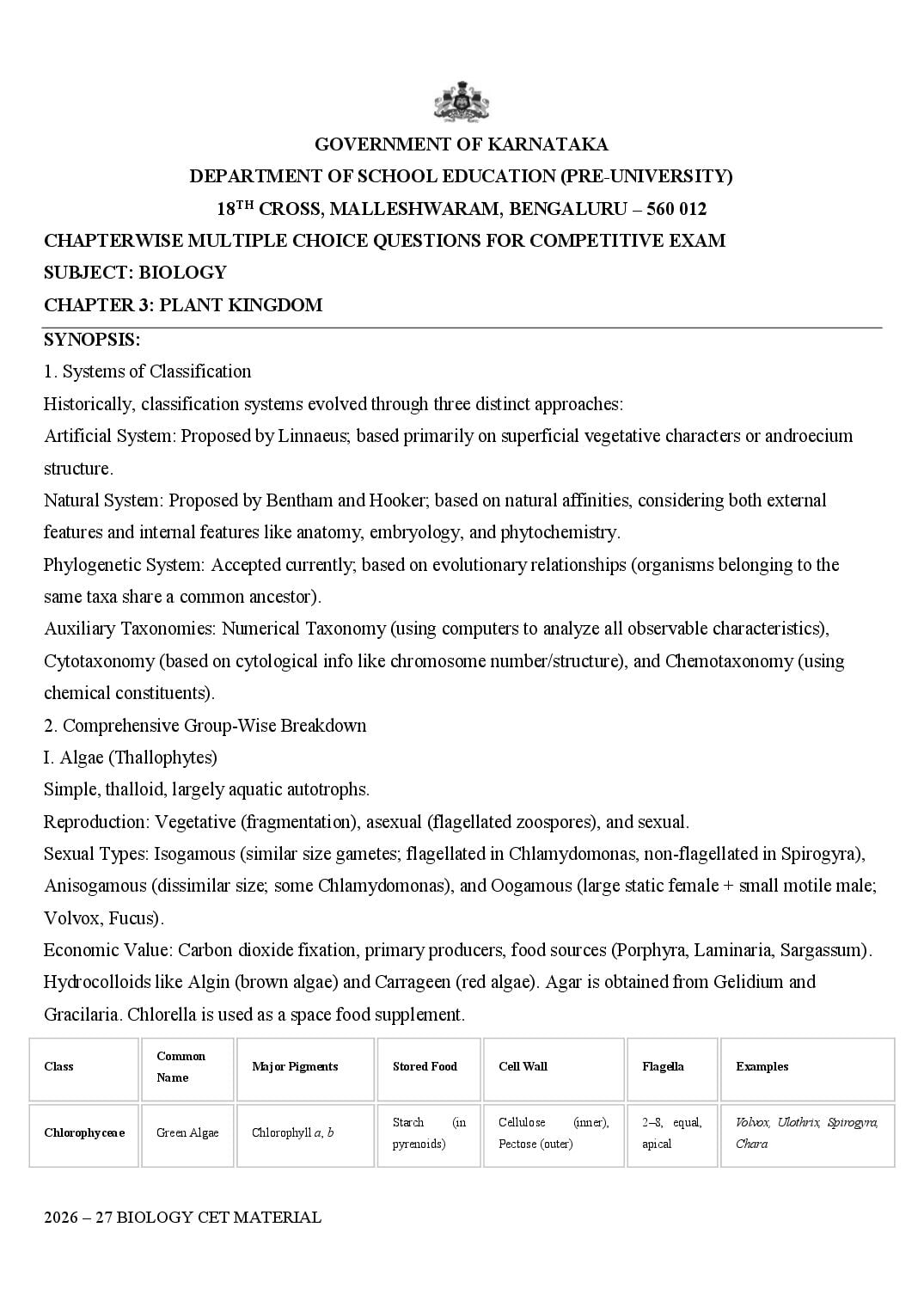 Karnataka 1st PUC Biology Plant Kingdom MCQ with Answers - Page 1 of 16