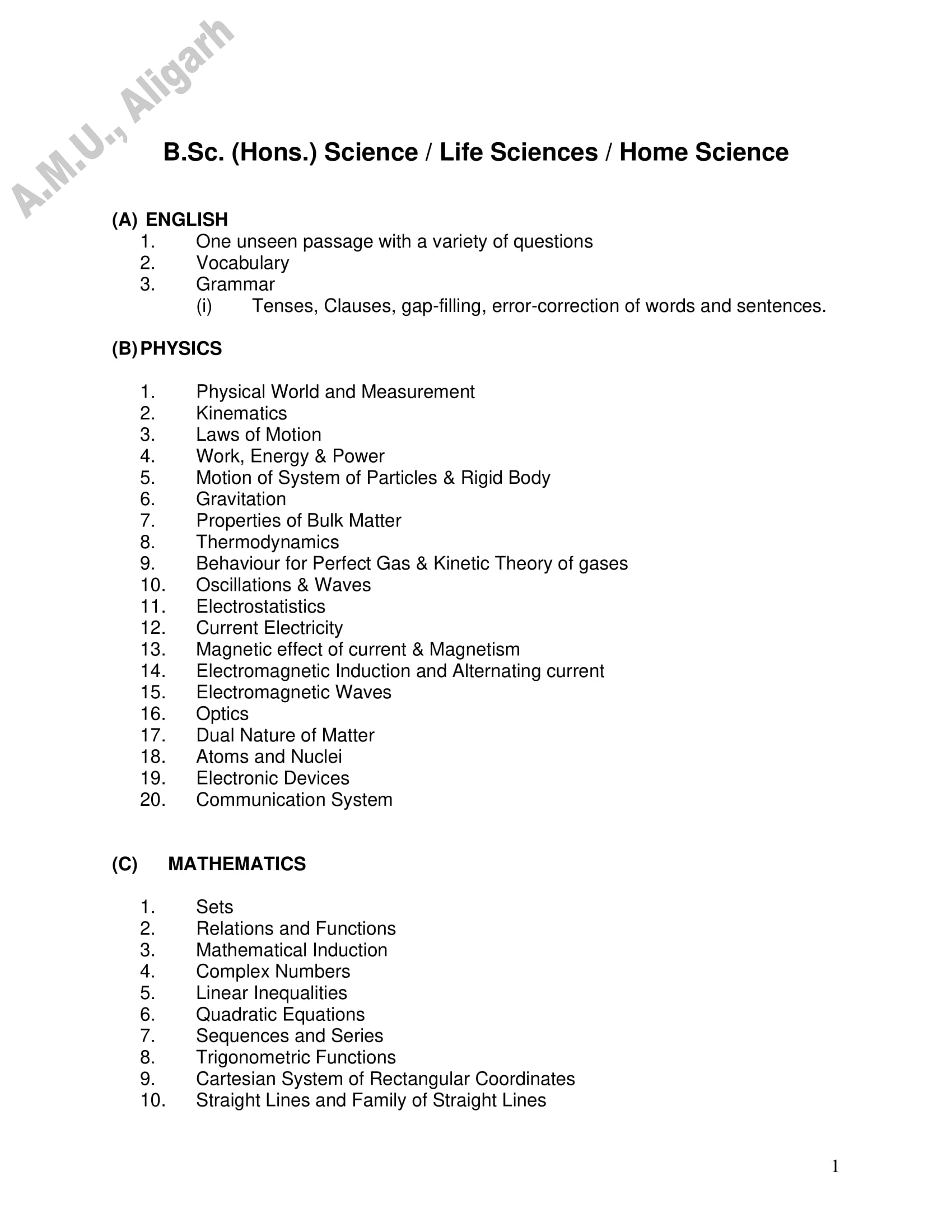 AMU Entrance Exam Syllabus for B.Sc (Hons.) in Science, Life Science & Home Science - Page 1